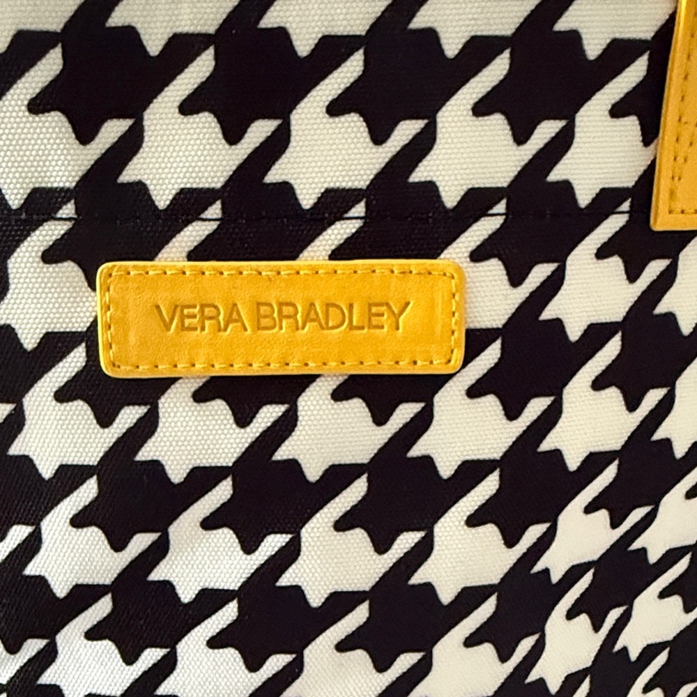 Vera Bradley Tote Bag in the "Midnight Houndstooth" pattern with yellow straps - Picture 2 of 10